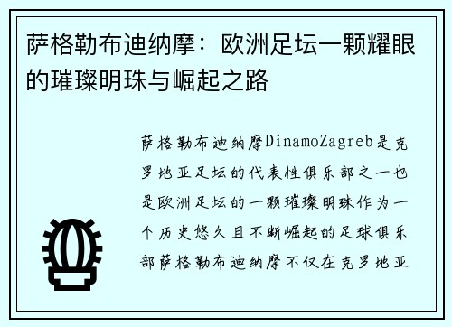 萨格勒布迪纳摩：欧洲足坛一颗耀眼的璀璨明珠与崛起之路