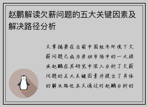 赵鹏解读欠薪问题的五大关键因素及解决路径分析 赵鹏解读欠薪问题的五大关键因素及解决路径分析